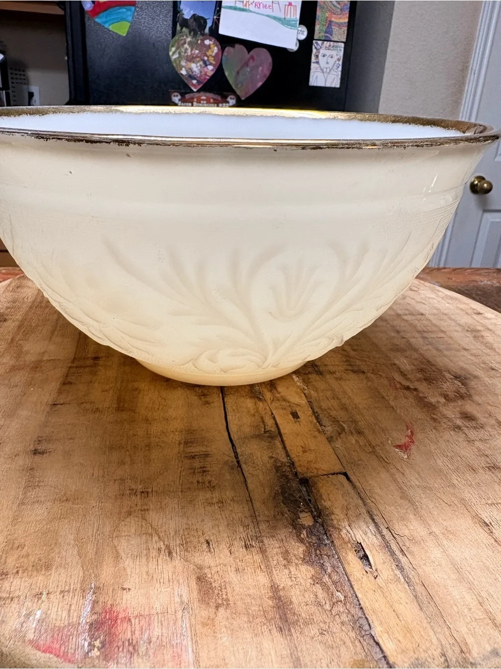 Vintage Anchor Hocking Ivory Embossed Glass Punch Bowl with Gold Rim 5”X 10”